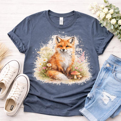 Watercolor Fox Tee, Sitting Fox with Flowers and Mushrooms, product photo, botanical graphic tee by Evernorth Design