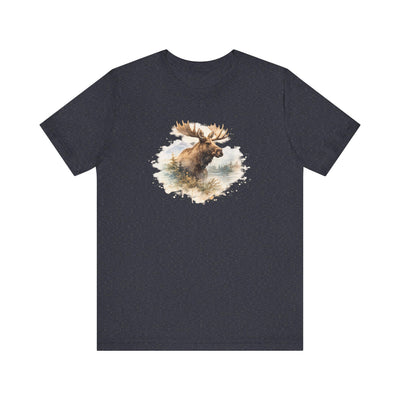 Watercolor Moose T-Shirt, Rustic Wildlife Tee, product photo, nature-inspired graphic tee by Evernorth Design