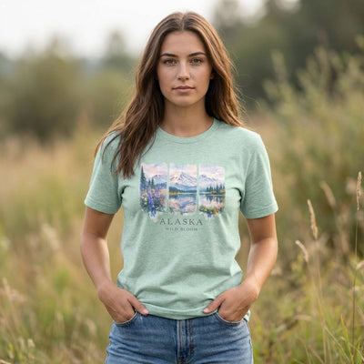 Alaska watercolor landscape tee, Landscape Shirt, product photo, Alaska-inspired and nature-inspired Alaska graphic tee by Evernorth Design