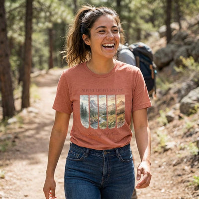 Alpine Light Study T-Shirt, Mountain Landscape Graphic Tee, product photo, nature-inspired graphic tee by Evernorth Design