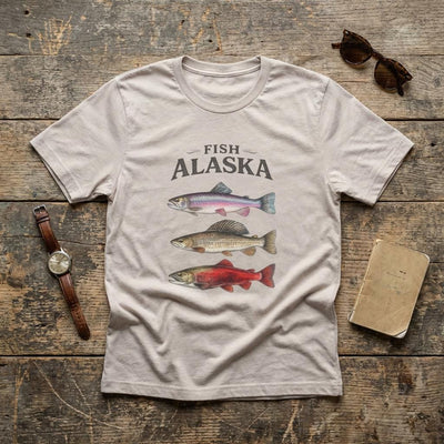 Alaska Fish T Shirt, Trout Salmon Graphic Tee, product photo, Alaska-inspired and nature-inspired Alaska graphic tee by Evernorth Design