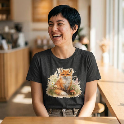 Watercolor Fox Tee, Sitting Fox with Flowers and Mushrooms, product photo, botanical graphic tee by Evernorth Design