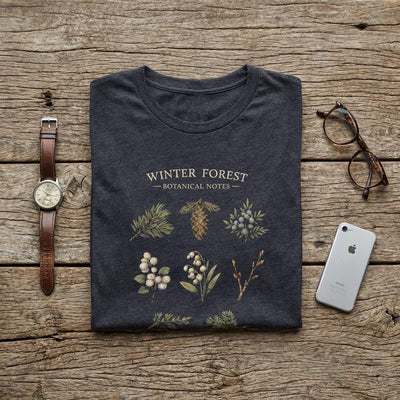 Winter Forest Botanical Tee, Pinecone & Rustic Foliage Shirt, product photo, botanical graphic tee by Evernorth Design