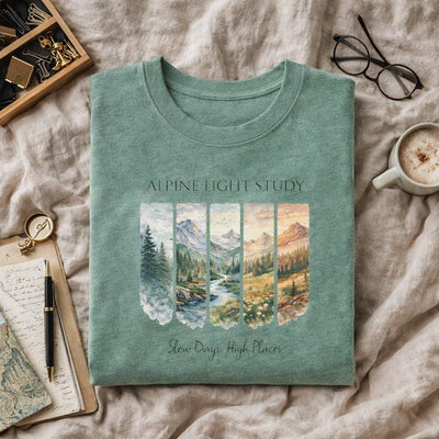 Alpine Light Study T-Shirt, Mountain Landscape Graphic Tee, product photo, nature-inspired graphic tee by Evernorth Design
