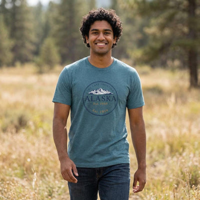 Alaska The Last Frontier, Classic Emblem Tee, product photo, Alaska-inspired and nature-inspired Alaska graphic tee by Evernorth Design