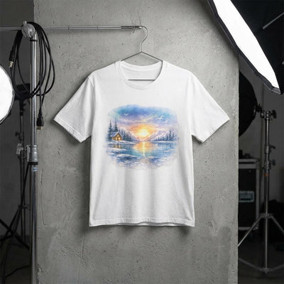 Midnight Sun Landscape Tee, Watercolor Mountain Cabin, product photo, Alaska-inspired and nature-inspired Alaska graphic tee by Evernorth Design