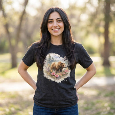 Bear Illustration T-Shirt, Mountain Nature Scene, product photo, Alaska-inspired and nature-inspired Alaska graphic tee by Evernorth Design