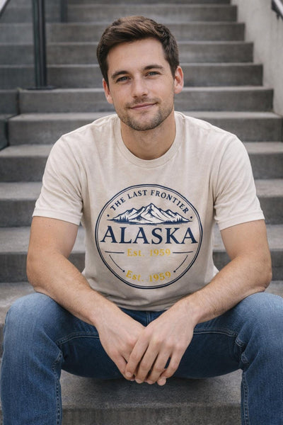 Alaska The Last Frontier, Classic Emblem Tee, product photo, Alaska-inspired and nature-inspired Alaska graphic tee by Evernorth Design