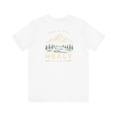 Soft jersey t-shirt with a detailed Healy Alaska mountain and spruce illustration in earthy tones by Evernorth — view 29