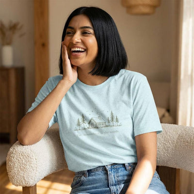 Cabin in Pines illustration Tee, Cozy Woodland Scenic Shirt, product photo, elevated everyday graphic tee by Evernorth Design