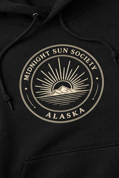 Alaska Midnight Sun Society Sweatshirt, Retro Mountain Emblem Shirt, product photo by Evernorth Design