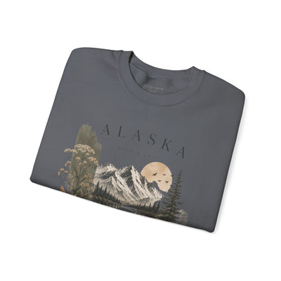 Soft crewneck sweatshirt with a muted Alaska mountain, lake, evergreen and moose illustration by Evernorth — view 19