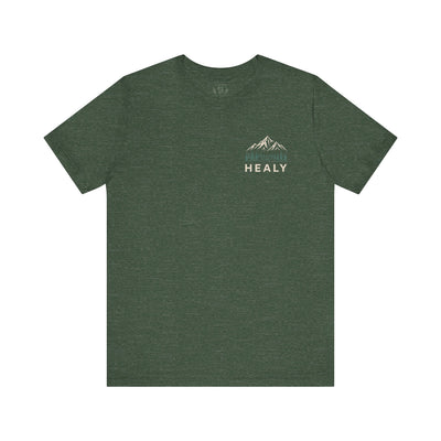 Soft jersey t-shirt with a detailed Healy Alaska mountain and spruce illustration in earthy tones by Evernorth — view 25