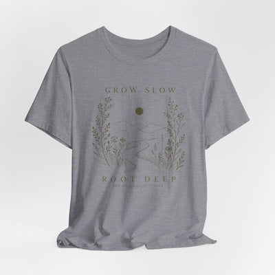 Grow Slow Root Deep tee, botanical mountain illustration, product photo, botanical graphic tee by Evernorth Design