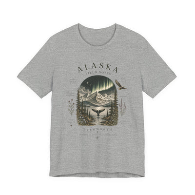 Graphic t-shirt with a vintage Alaska aurora scene of glowing peaks, a whale tail and soaring eagle by Evernorth — view 10
