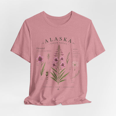 Botanical t-shirt with a delicate Alaska fireweed and wildflower illustration in muted pinks and greens by Evernorth — view 32