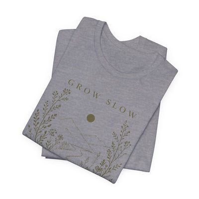 Grow Slow Root Deep tee, botanical mountain illustration, product photo, botanical graphic tee by Evernorth Design