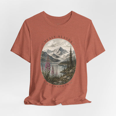 Soft nature t-shirt printed with an oval Alaska scene of snowy peaks, a still lake and fireweed by Evernorth — view 19