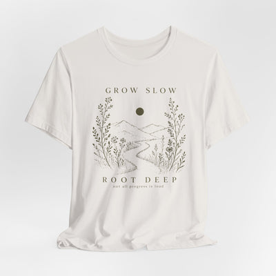 Grow Slow Root Deep tee, botanical mountain illustration, product photo, botanical graphic tee by Evernorth Design