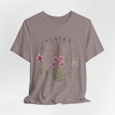 Botanical t-shirt with a delicate Alaska fireweed and wildflower illustration in muted pinks and greens by Evernorth — view 24