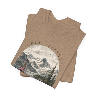 Soft nature t-shirt printed with an oval Alaska scene of snowy peaks, a still lake and fireweed by Evernorth — view 30