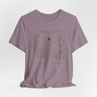 Grow Slow Root Deep tee, botanical mountain illustration, product photo, botanical graphic tee by Evernorth Design