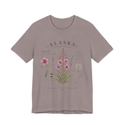 Botanical t-shirt with a delicate Alaska fireweed and wildflower illustration in muted pinks and greens by Evernorth — view 21