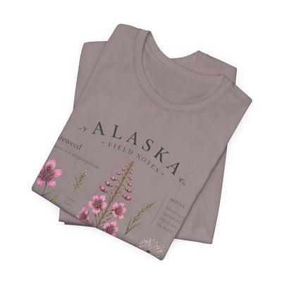 Botanical t-shirt with a delicate Alaska fireweed and wildflower illustration in muted pinks and greens by Evernorth — view 23