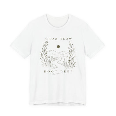 Grow Slow Root Deep tee, botanical mountain illustration, product photo, botanical graphic tee by Evernorth Design