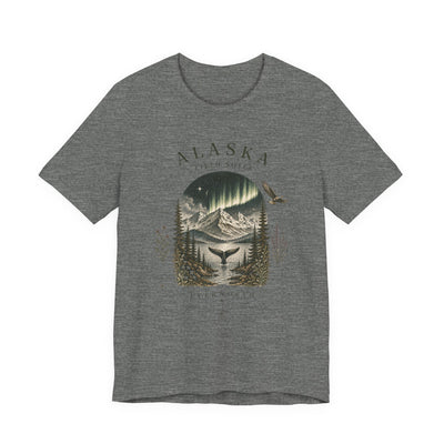 Graphic t-shirt with a vintage Alaska aurora scene of glowing peaks, a whale tail and soaring eagle by Evernorth — view 23