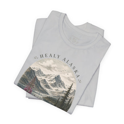 Soft nature t-shirt printed with an oval Alaska scene of snowy peaks, a still lake and fireweed by Evernorth — view 14