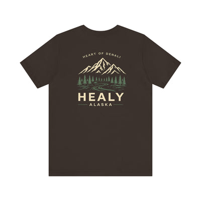 Soft jersey t-shirt with a detailed Healy Alaska mountain and spruce illustration in earthy tones by Evernorth — view 30