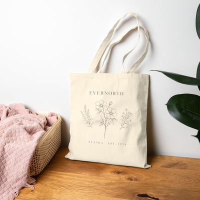 Evernorth Floral Canvas Tote Bag, Minimal Botanical Cotton Market Tote, product photo, nature-inspired everyday bag by Evernorth Design