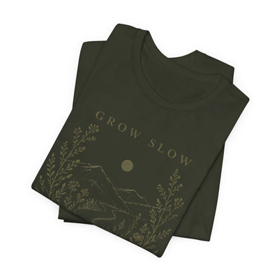 Grow Slow Root Deep tee, botanical mountain illustration, product photo, botanical graphic tee by Evernorth Design