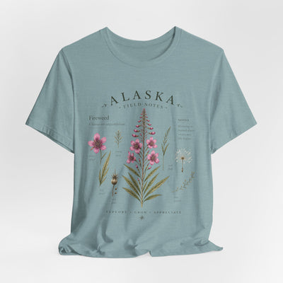 Botanical t-shirt with a delicate Alaska fireweed and wildflower illustration in muted pinks and greens by Evernorth — view 12