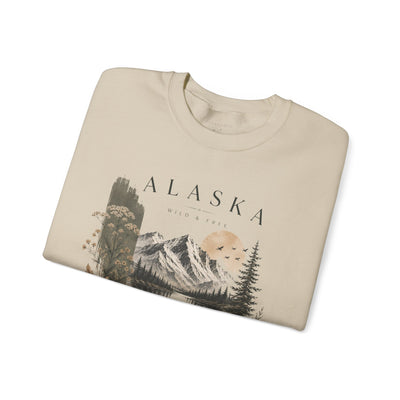 Soft crewneck sweatshirt with a muted Alaska mountain, lake, evergreen and moose illustration by Evernorth — view 16