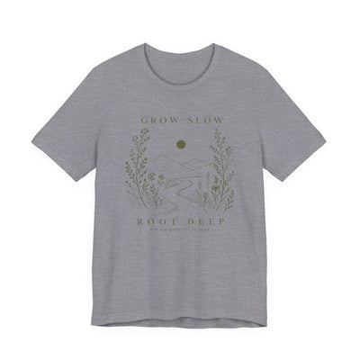 Grow Slow Root Deep tee, botanical mountain illustration, product photo, botanical graphic tee by Evernorth Design