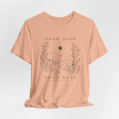 Grow Slow Root Deep tee, botanical mountain illustration, product photo, botanical graphic tee by Evernorth Design