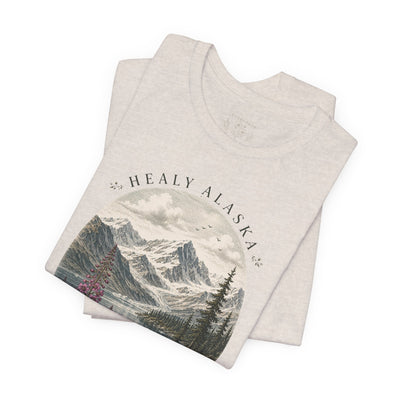 Soft nature t-shirt printed with an oval Alaska scene of snowy peaks, a still lake and fireweed by Evernorth — view 26