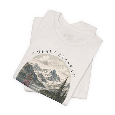 Soft nature t-shirt printed with an oval Alaska scene of snowy peaks, a still lake and fireweed by Evernorth — view 21