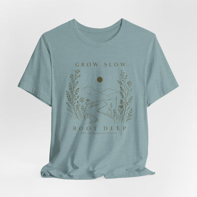 Grow Slow Root Deep tee, botanical mountain illustration, product photo, botanical graphic tee by Evernorth Design