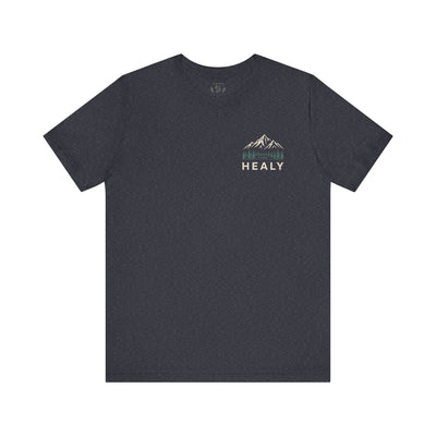 Soft jersey t-shirt with a detailed Healy Alaska mountain and spruce illustration in earthy tones by Evernorth — view 21