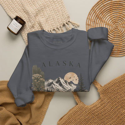Soft crewneck sweatshirt with a muted Alaska mountain, lake, evergreen and moose illustration by Evernorth — view 20