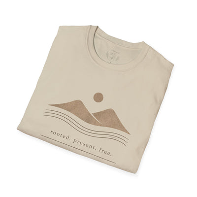 Minimalist Mountains T-Shirt, grounded. present. free. Nature Graphic Tee, product photo, nature-inspired graphic tee by Evernorth Design