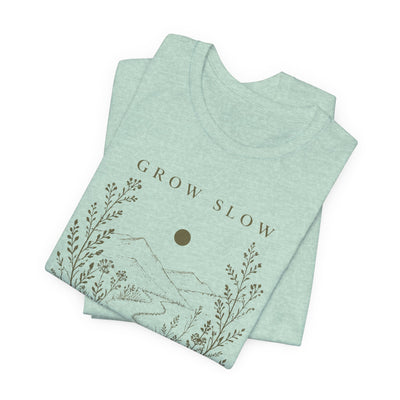 Grow Slow Root Deep tee, botanical mountain illustration, product photo, botanical graphic tee by Evernorth Design