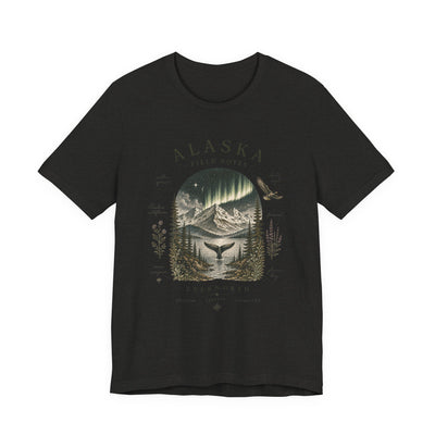 Graphic t-shirt with a vintage Alaska aurora scene of glowing peaks, a whale tail and soaring eagle by Evernorth — close-up