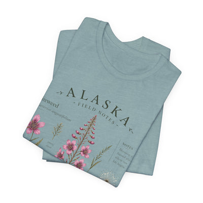 Botanical t-shirt with a delicate Alaska fireweed and wildflower illustration in muted pinks and greens by Evernorth — view 11