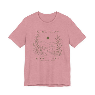Grow Slow Root Deep tee, botanical mountain illustration, product photo, botanical graphic tee by Evernorth Design