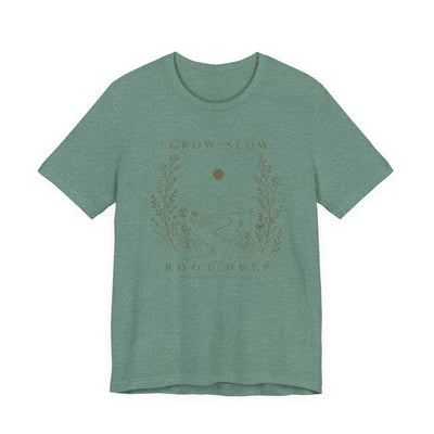 Grow Slow Root Deep tee, botanical mountain illustration, product photo, botanical graphic tee by Evernorth Design