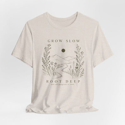 Grow Slow Root Deep tee, botanical mountain illustration, product photo, botanical graphic tee by Evernorth Design